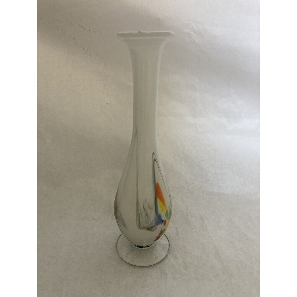 Murano Style Multicolor Speckled Long Neck Art Bud Vase 9” Tall - Picture 2 of 6
